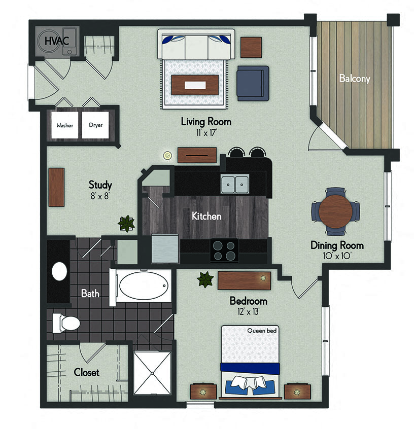 Floor plan for 1 bed, 1 bath, 904 sqft