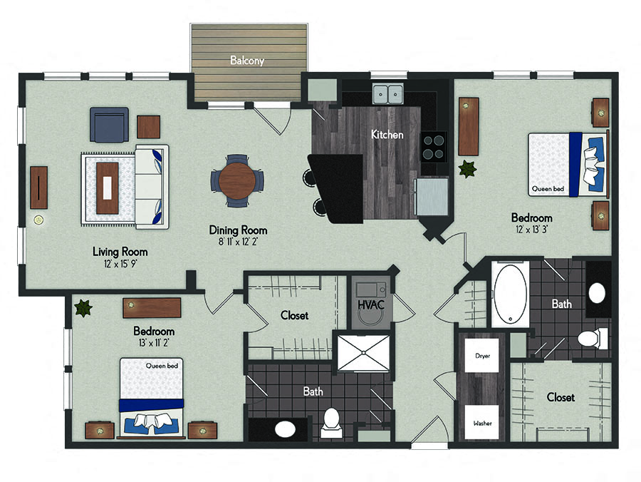 Floor plan for 2 beds, 2 baths, 1213 sqft