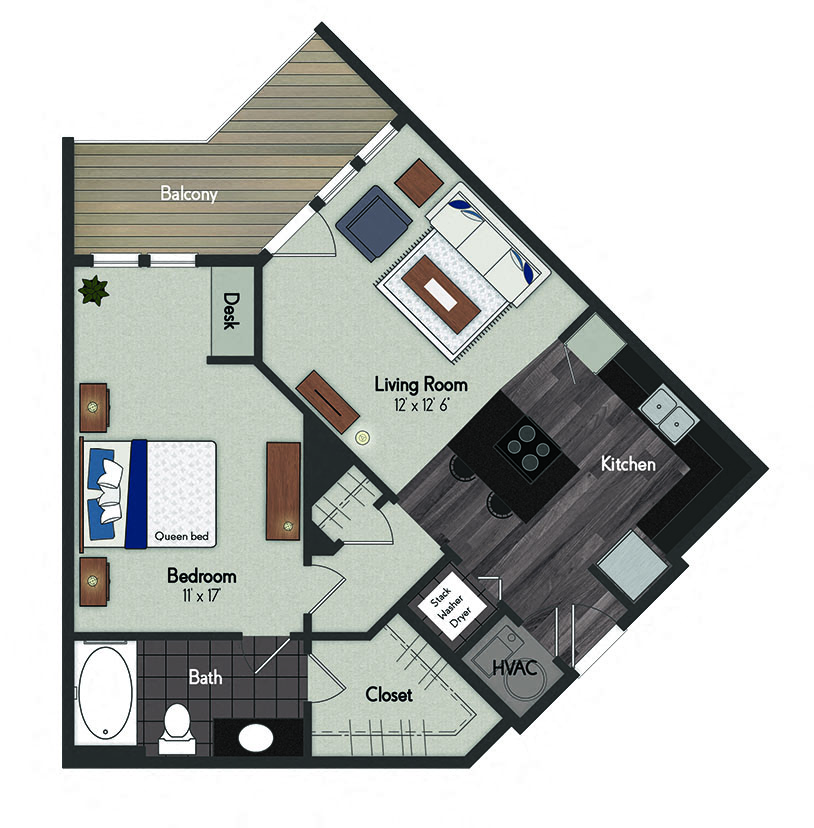 Floor plan for 1 bed, 1 bath, 694 sqft