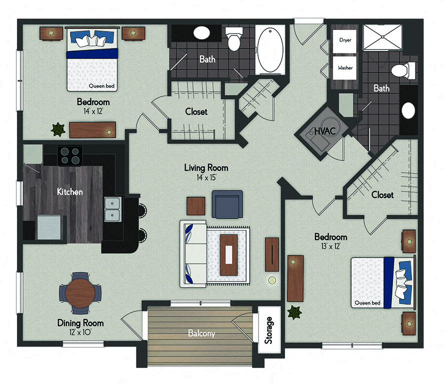 Floor plan for 2 beds, 2 baths, 1222 sqft