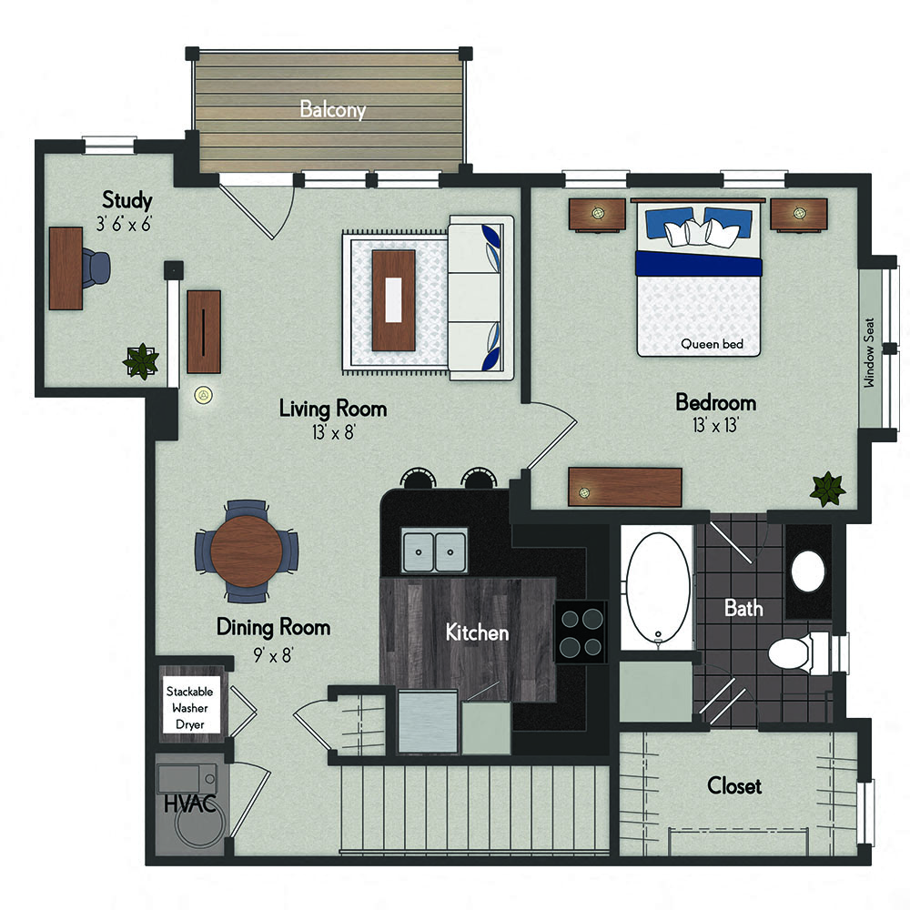 Floor plan for 1 bed, 1 bath, 782 sqft