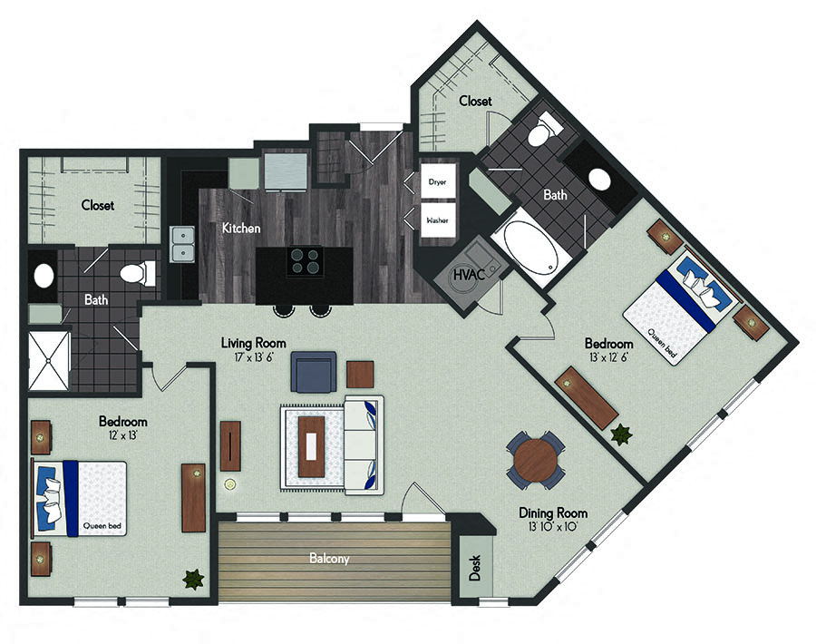 Floor plan for 2 beds, 2 baths, 1248 sqft