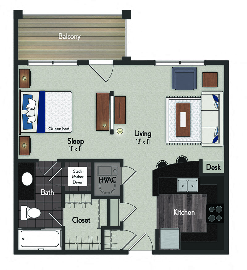 Floor plan for studio, 1 bath, 566 sqft