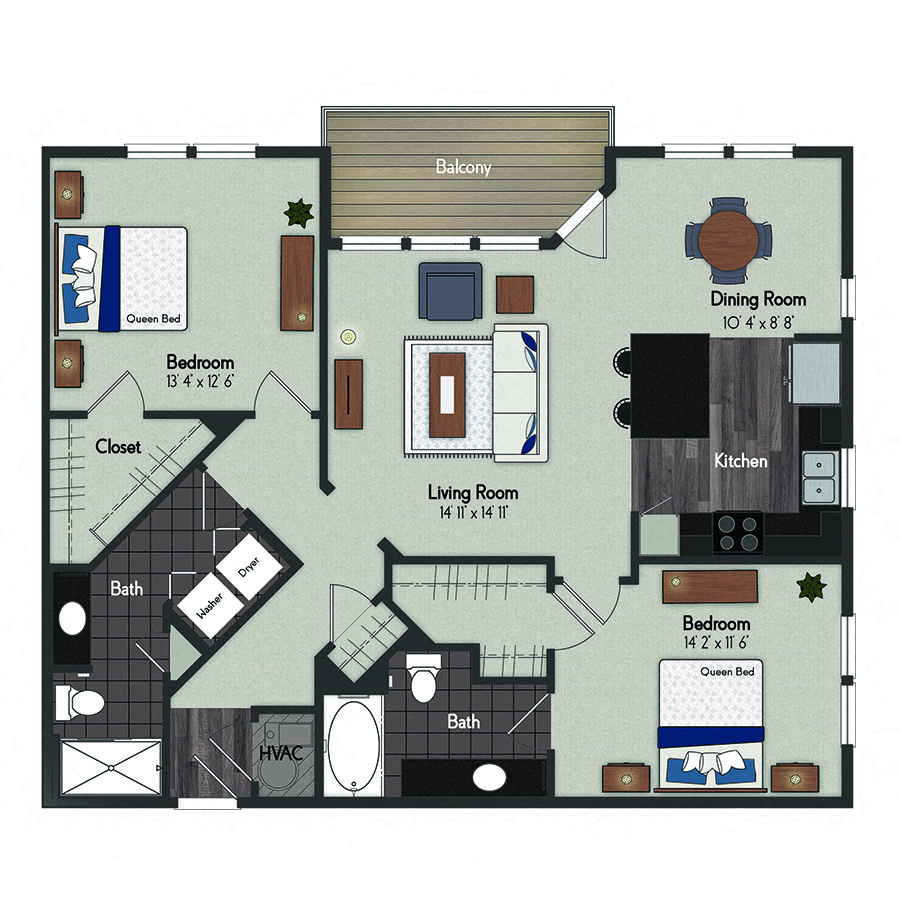 Floor plan for 2 beds, 2 baths, 1225 sqft