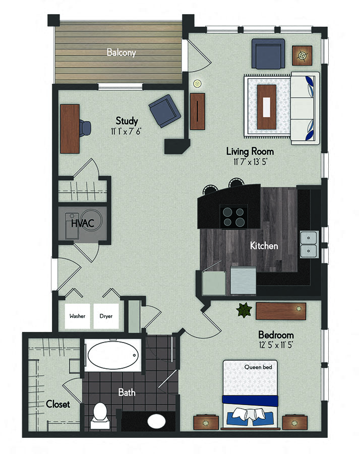 Floor plan for 1 bed, 1 bath, 831 sqft
