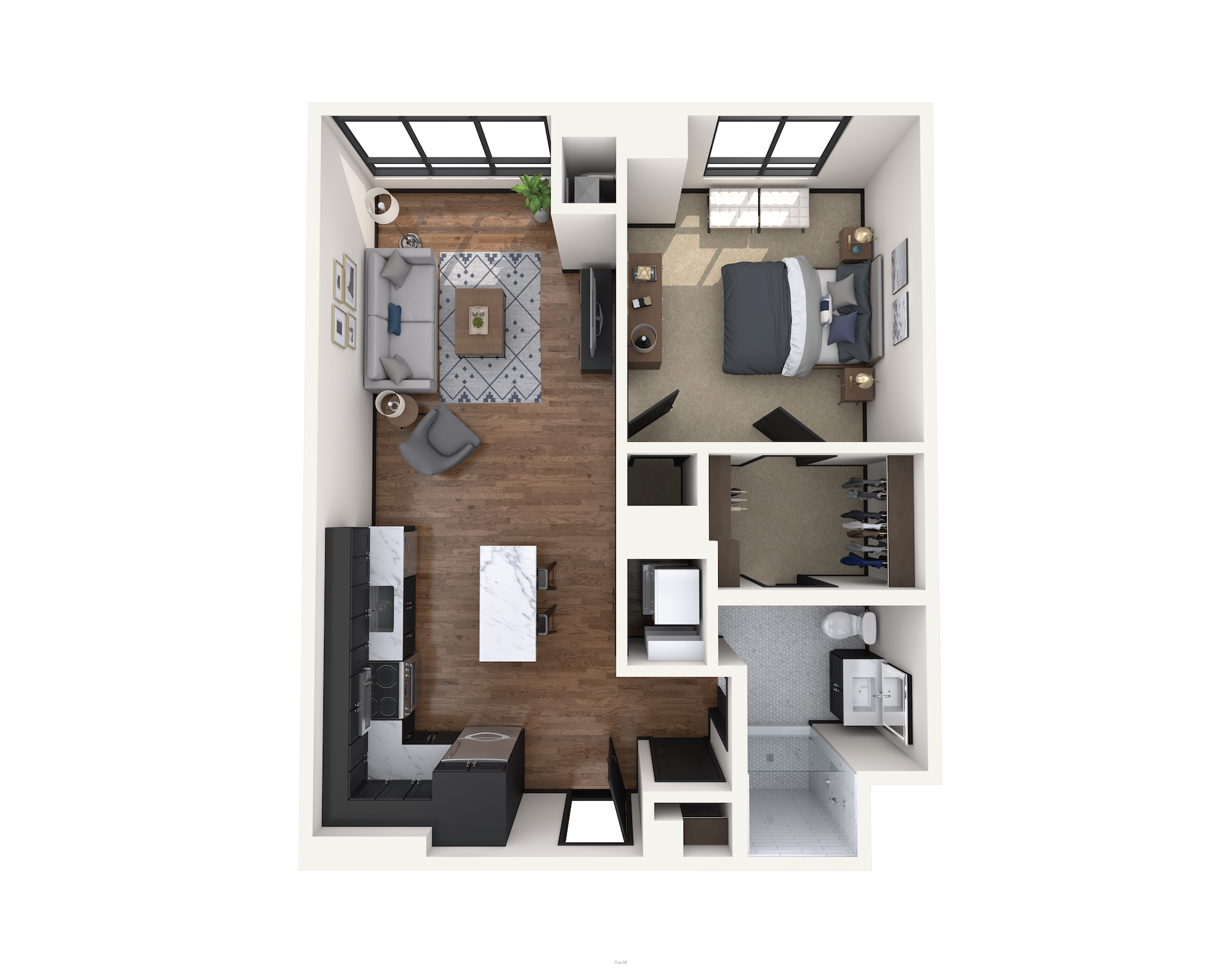 Floor plan for 1 bed, 1 bath, 732 sqft
