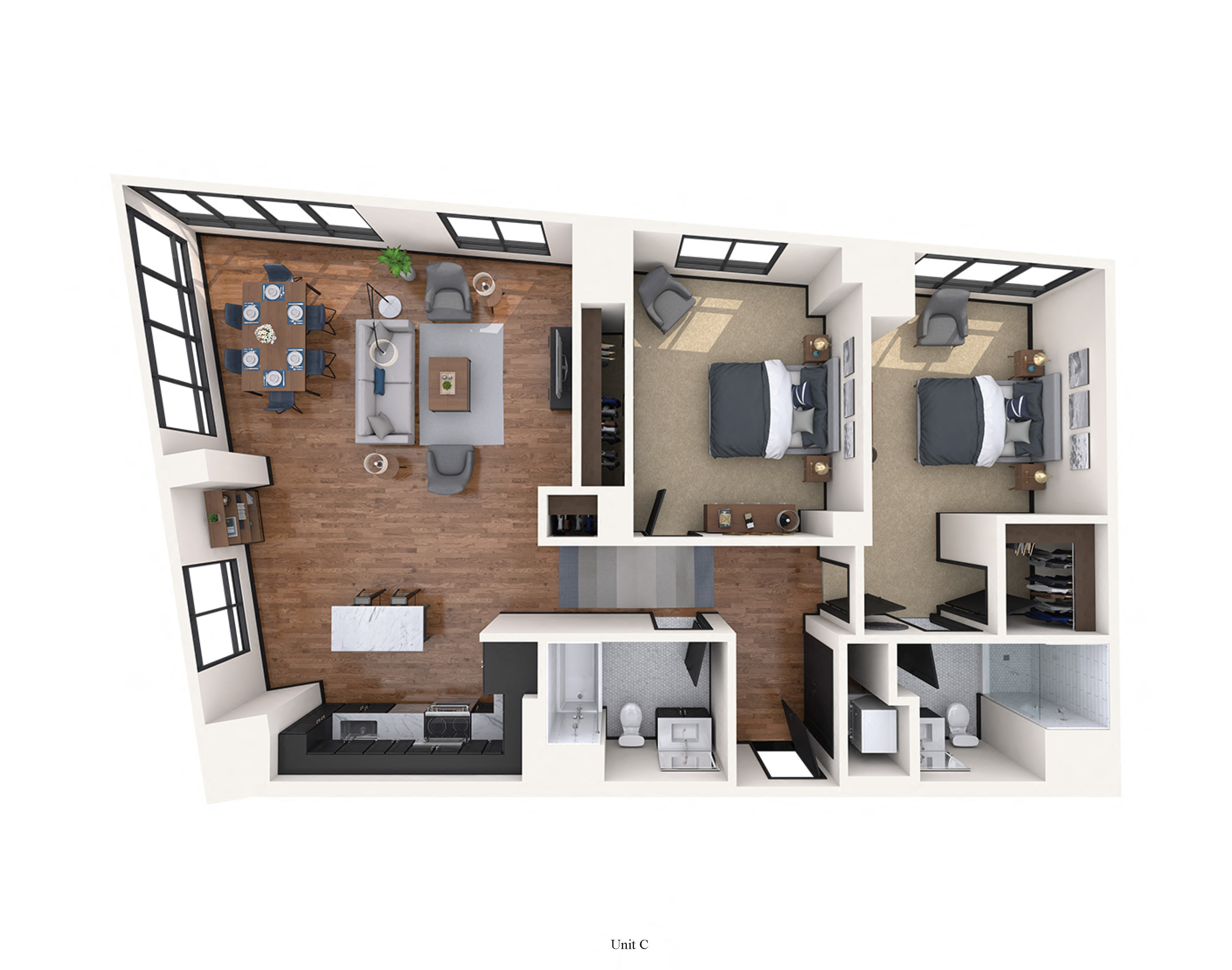 Floor plan for 2 beds, 2 baths, 1291 sqft