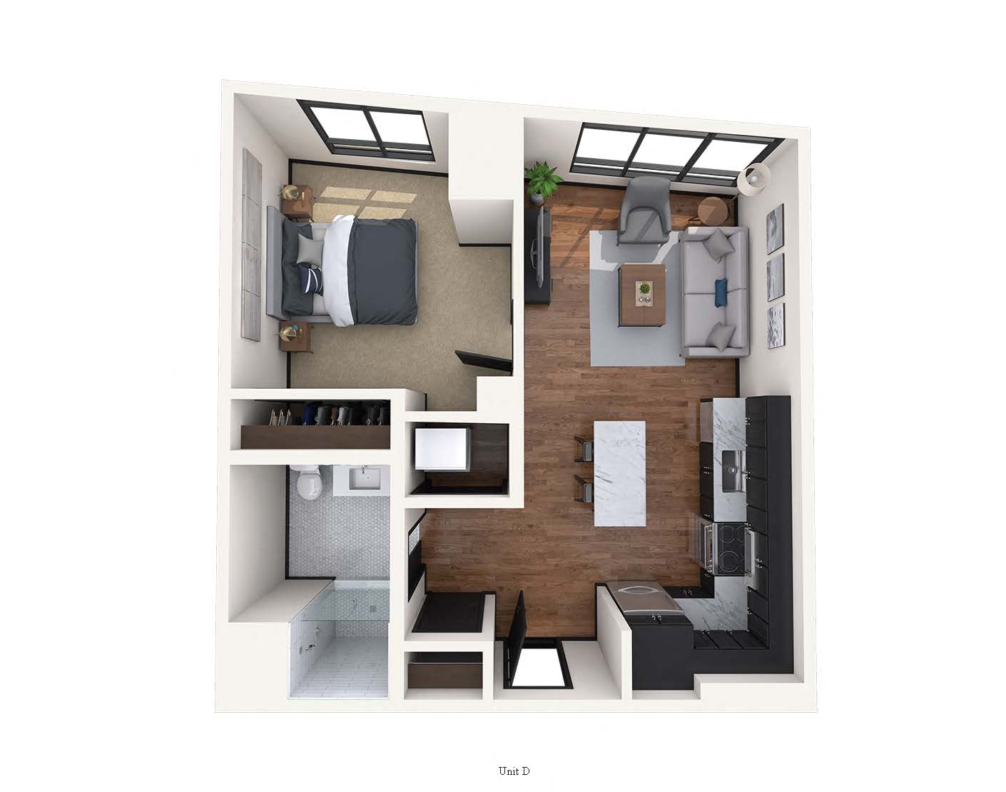 Floor plan for 1 bed, 1 bath, 604 sqft
