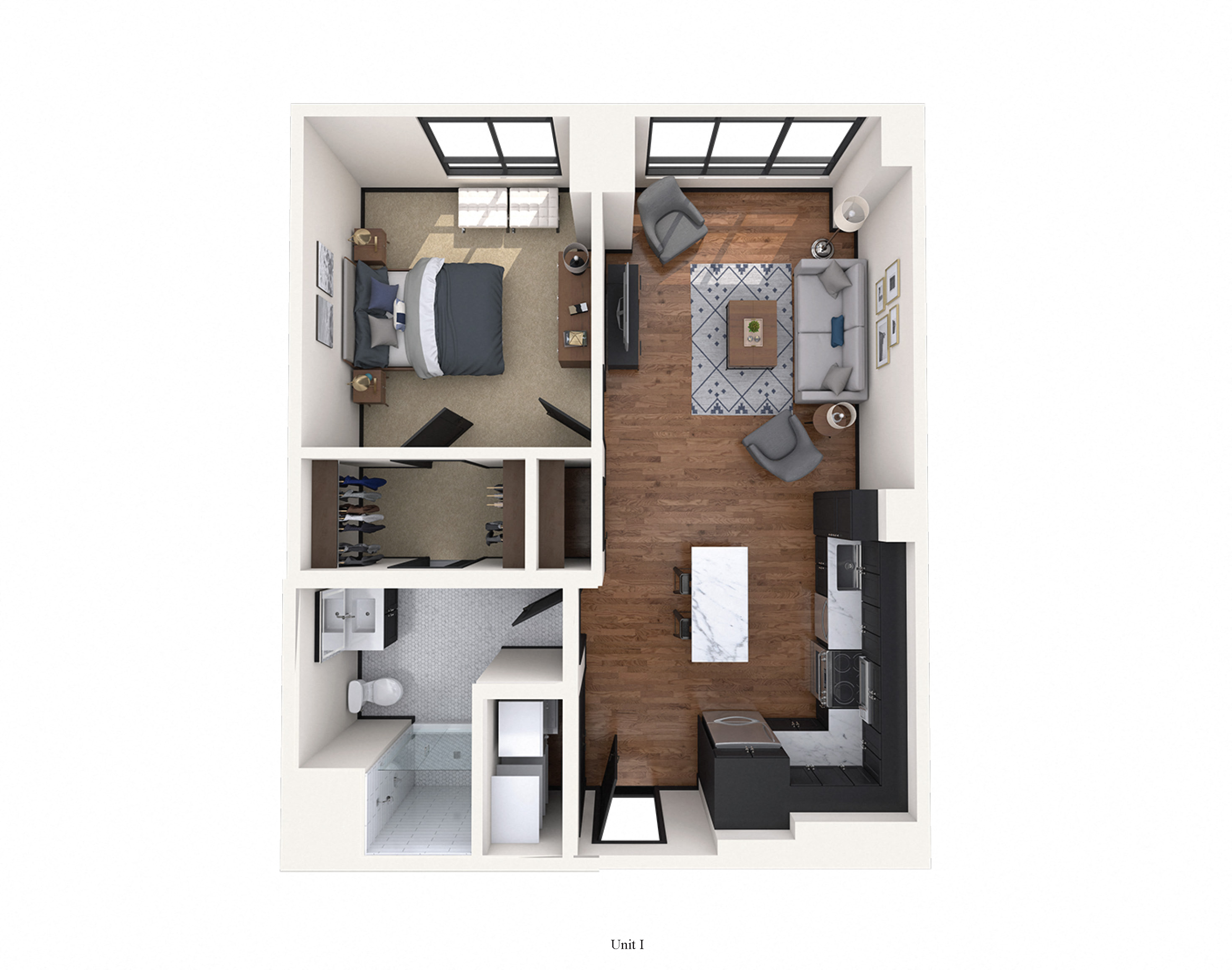 Floor plan for 1 bed, 1 bath, 708 sqft