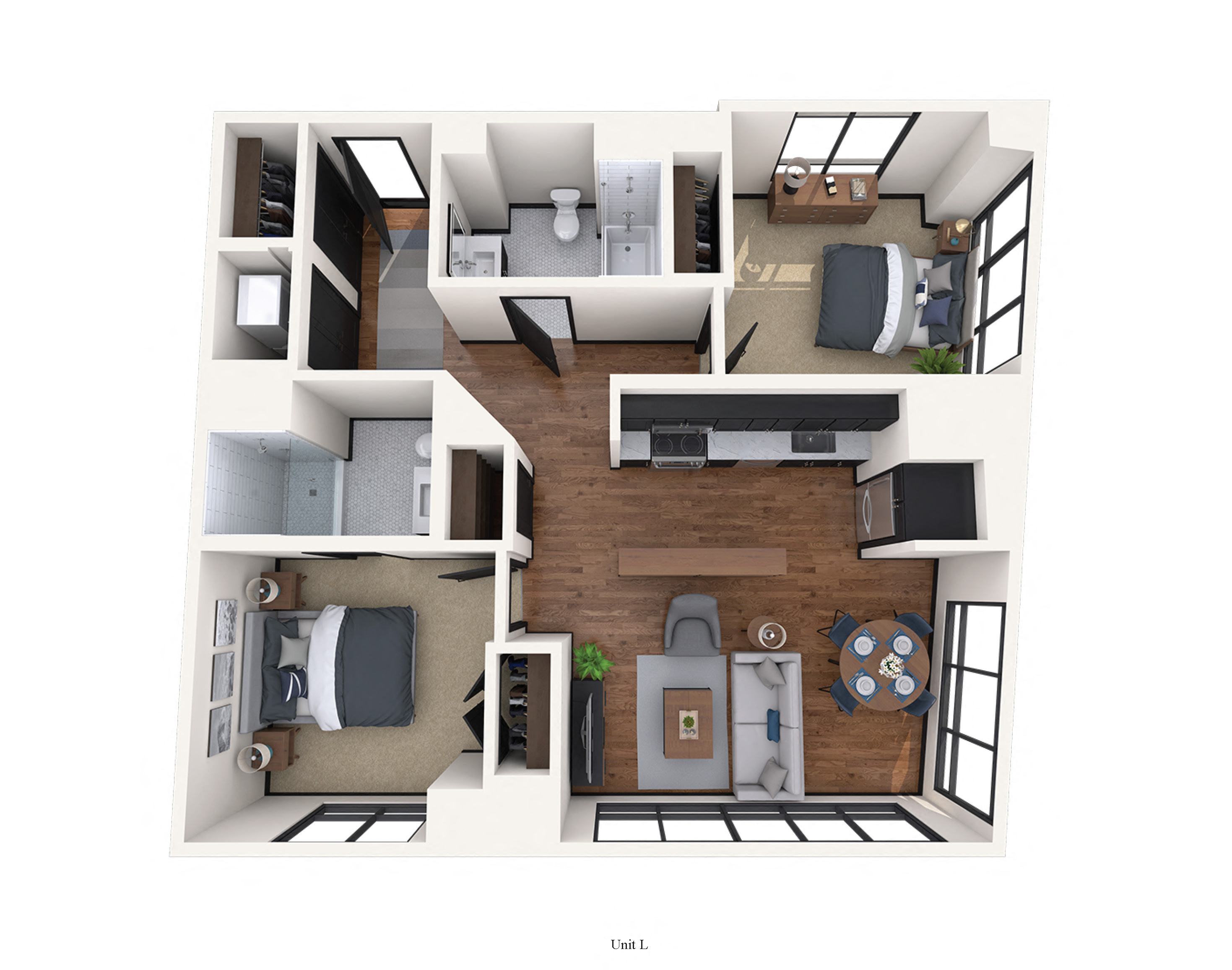Floor plan for 2 beds, 2 baths, 987 sqft