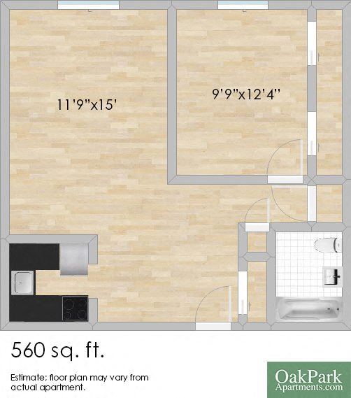 Floor plan for 1 bed, 1 bath, 675 sqft