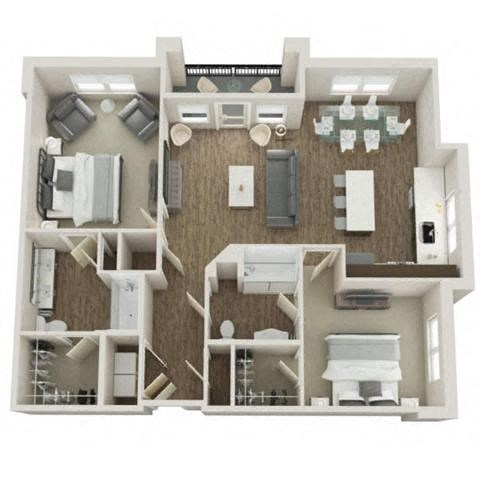Floor plan for 2 beds, 2 baths, 1197 sqft