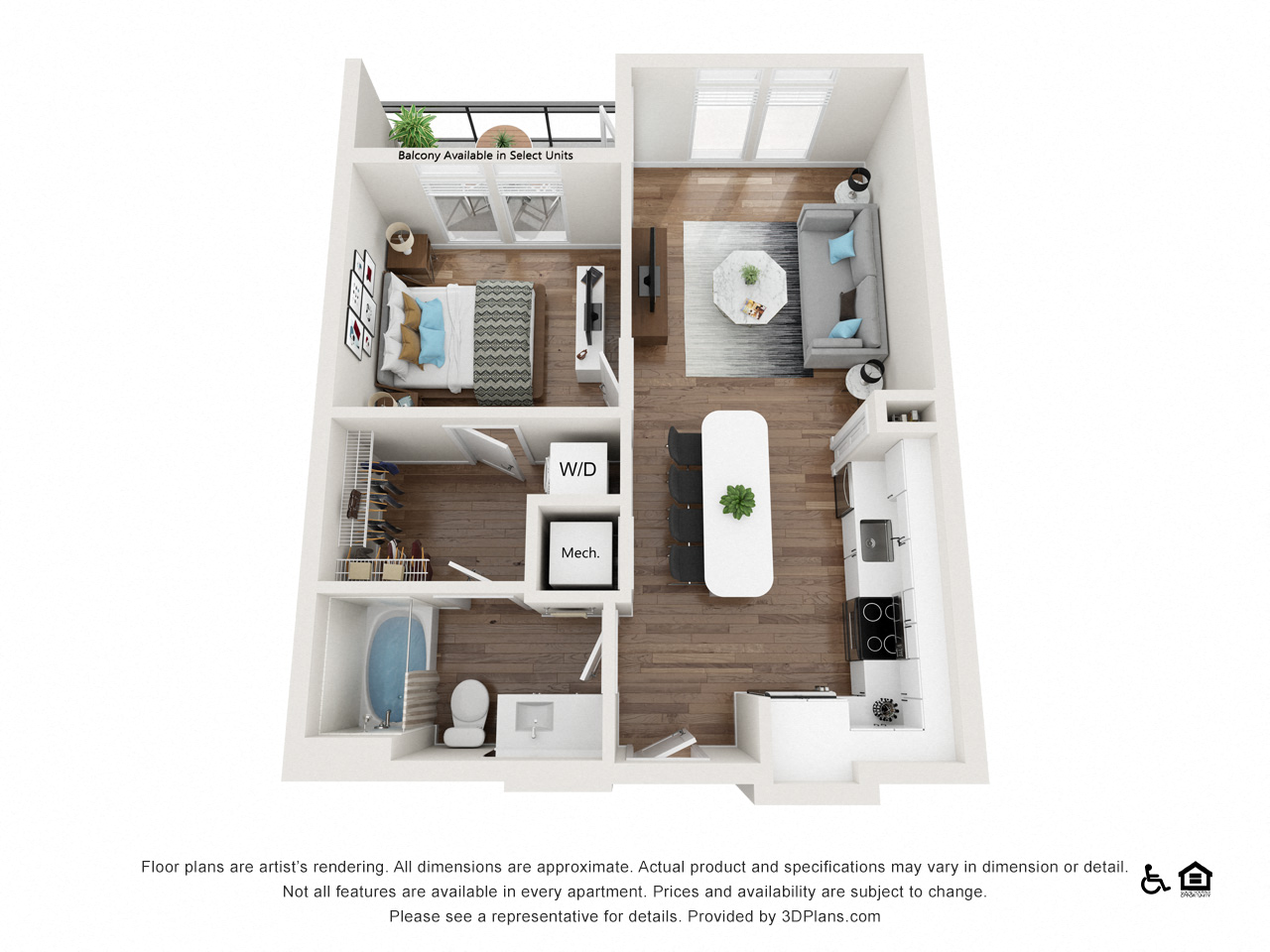 Floor plan for 1 bed, 1 bath, 645 sqft