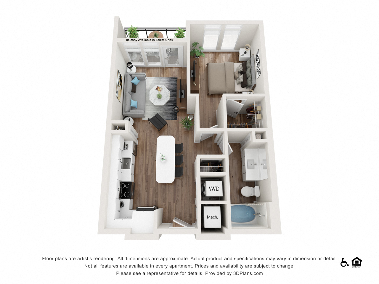 Floor plan for 1 bed, 1 bath, 707 sqft