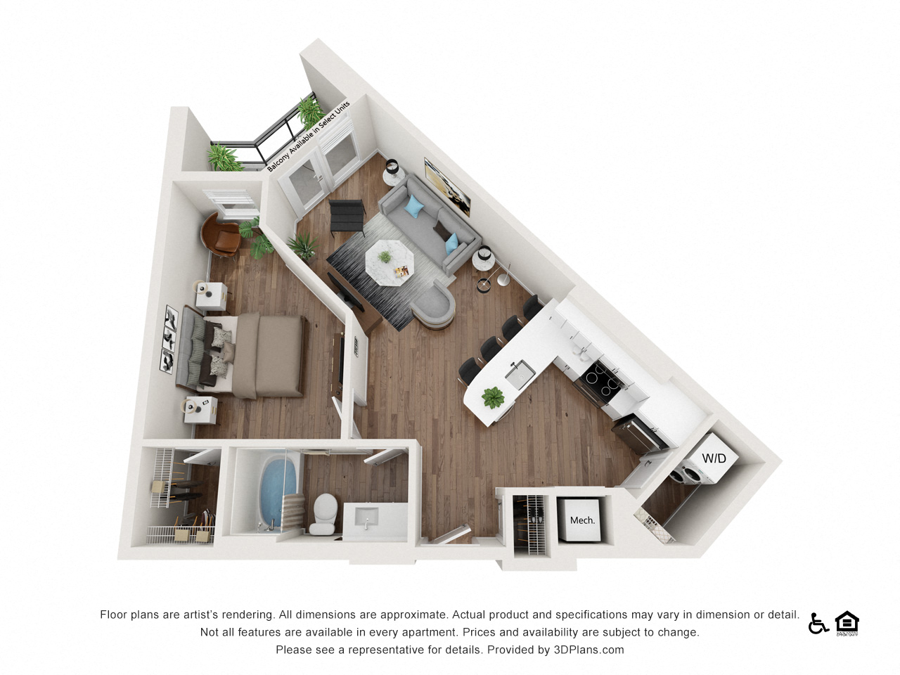 Floor plan for 1 bed, 1 bath, 723 sqft