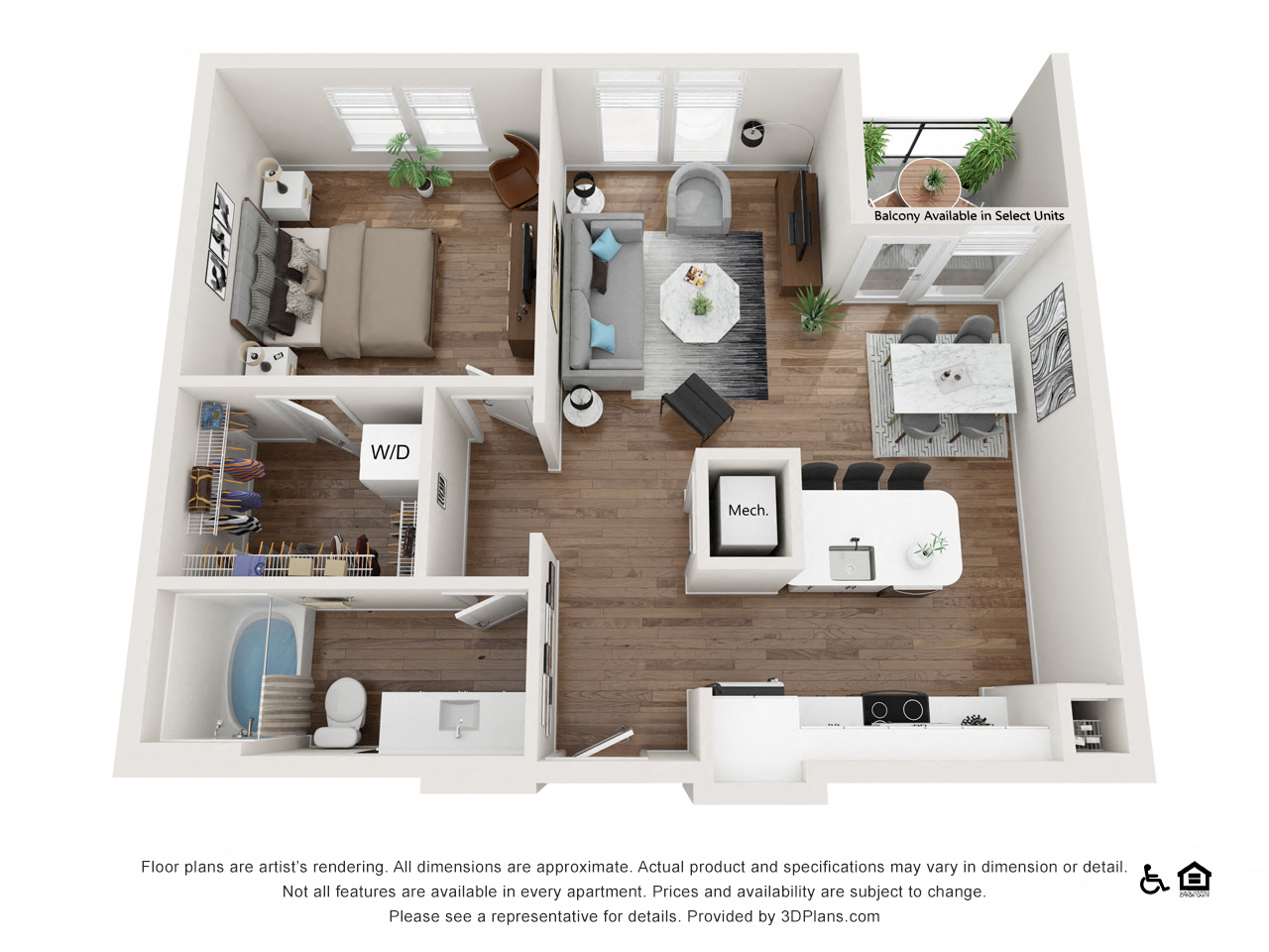 Floor plan for 1 bed, 1 bath, 849 sqft