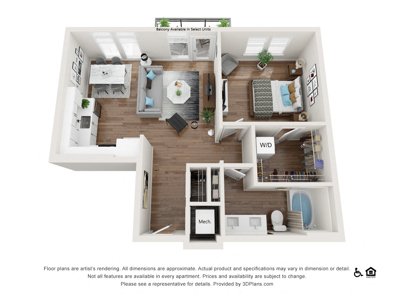 Floor plan for 1 bed, 1 bath, 760 sqft