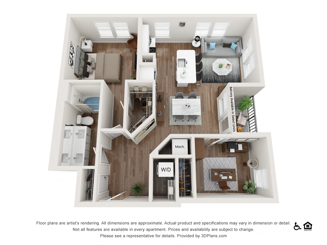 Floor plan for 1 bed, 1 bath, 911 sqft