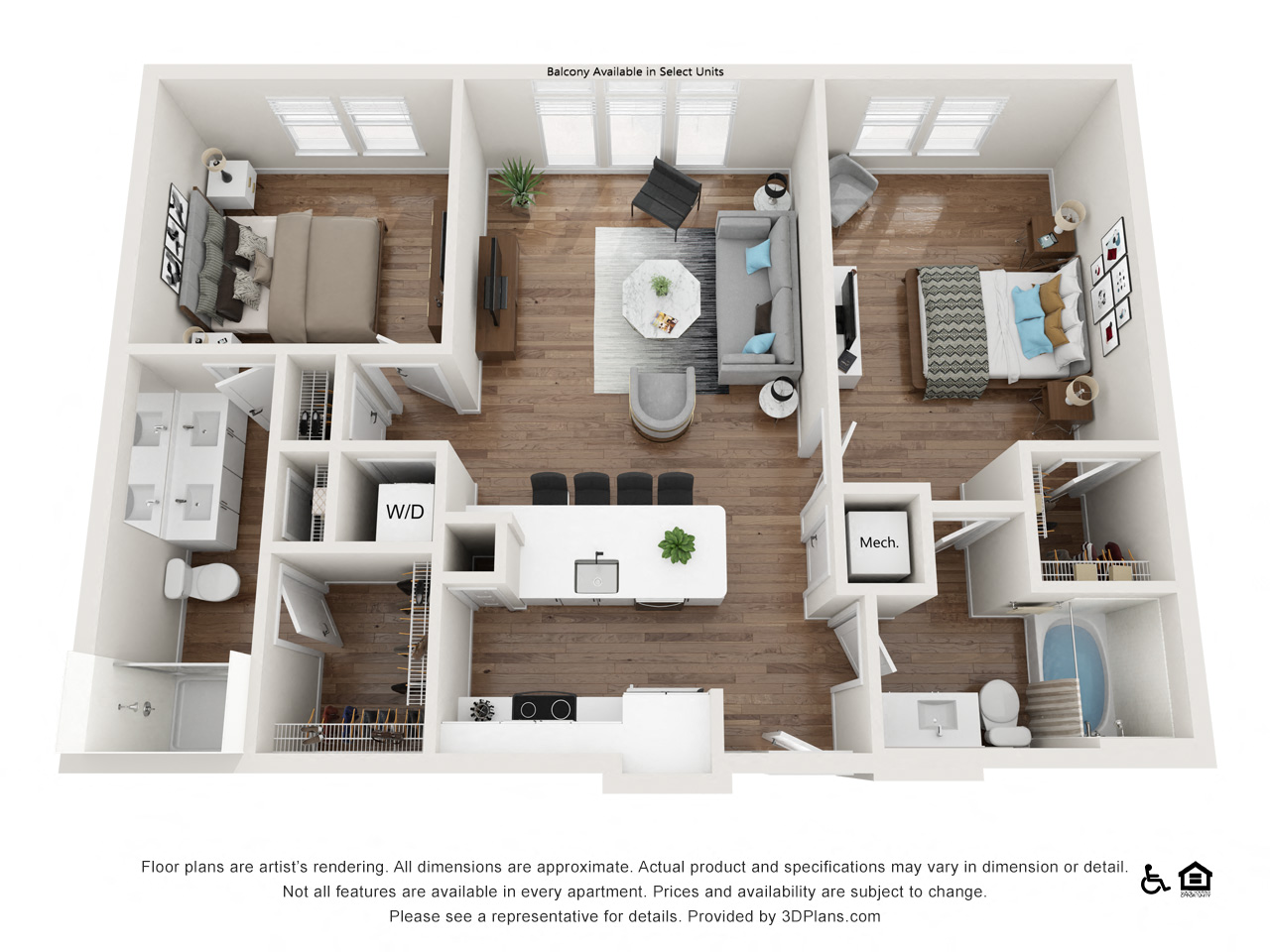 Floor plan for 2 beds, 2 baths, 1059 sqft