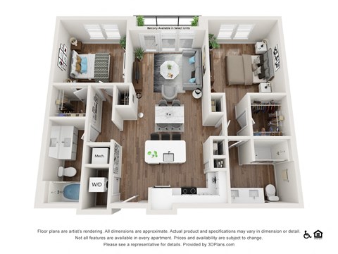Floor plan for 2 beds, 2 baths, 1116 sqft