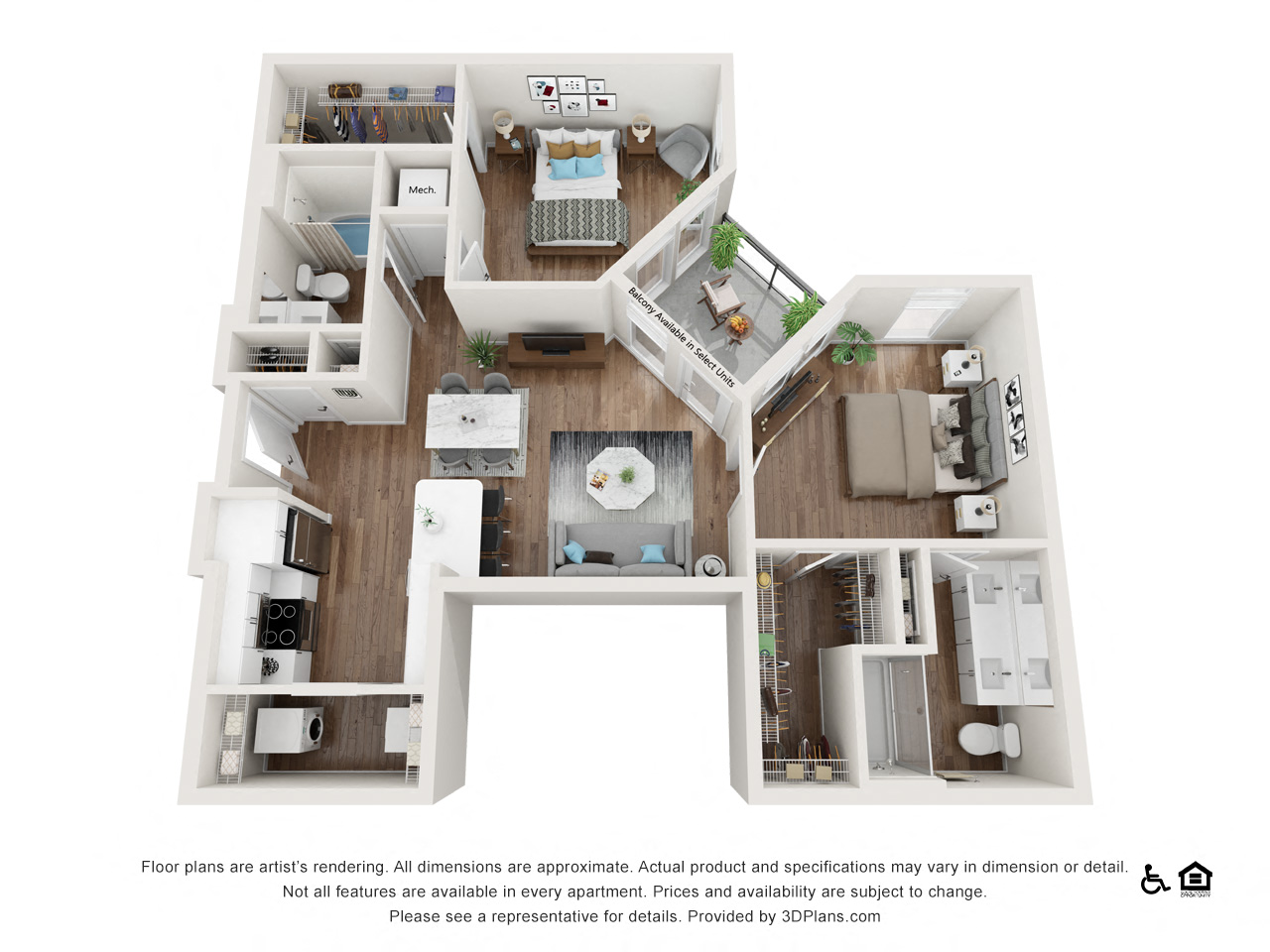 Floor plan for 2 beds, 2 baths, 1025 sqft