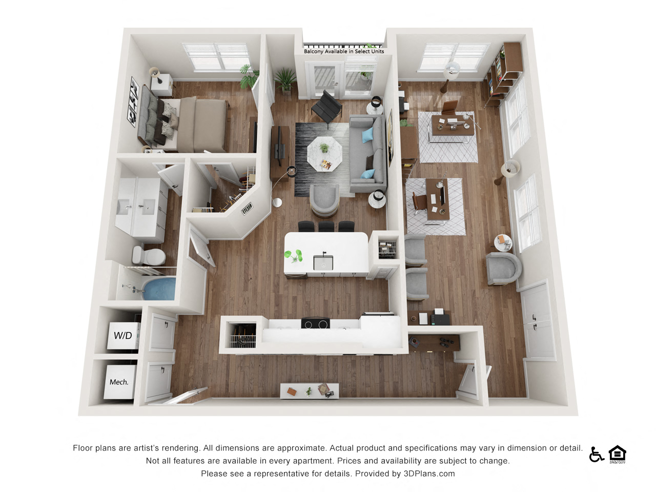 Floor plan for 1 bed, 1 bath, 1136 sqft