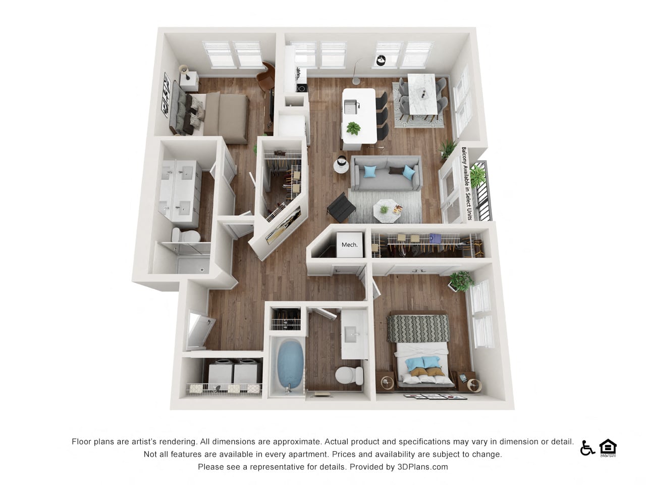 Floor plan for 2 beds, 2 baths, 1124 sqft