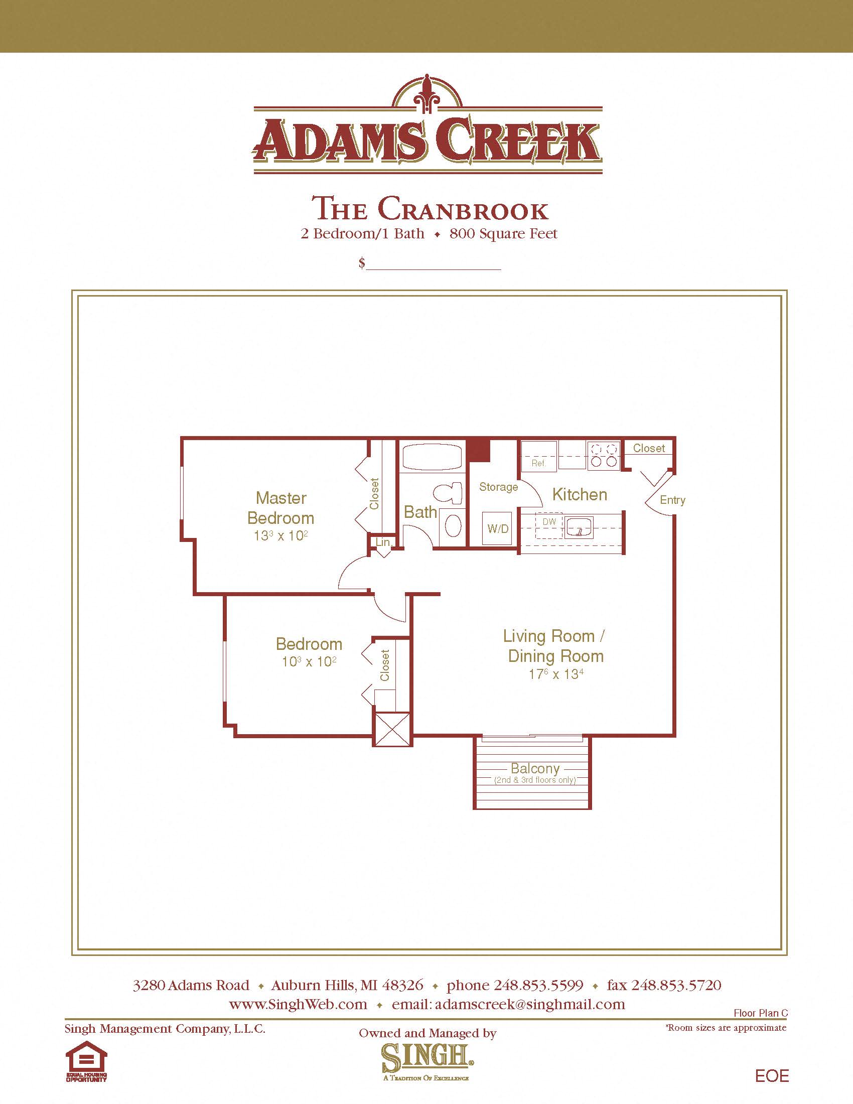 Floor plan for 2 beds, 1 bath, 780 sqft