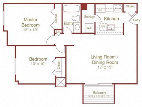Floor plan for 2 beds, 1 bath, 780 sqft