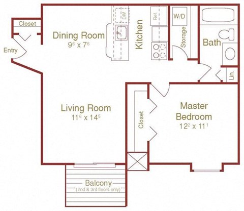 Floor plan for 1 bed, 1 bath, 664 sqft