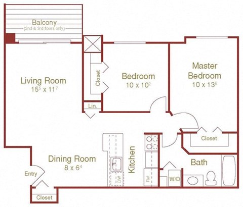 Floor plan for 2 beds, 1 bath, 780 sqft