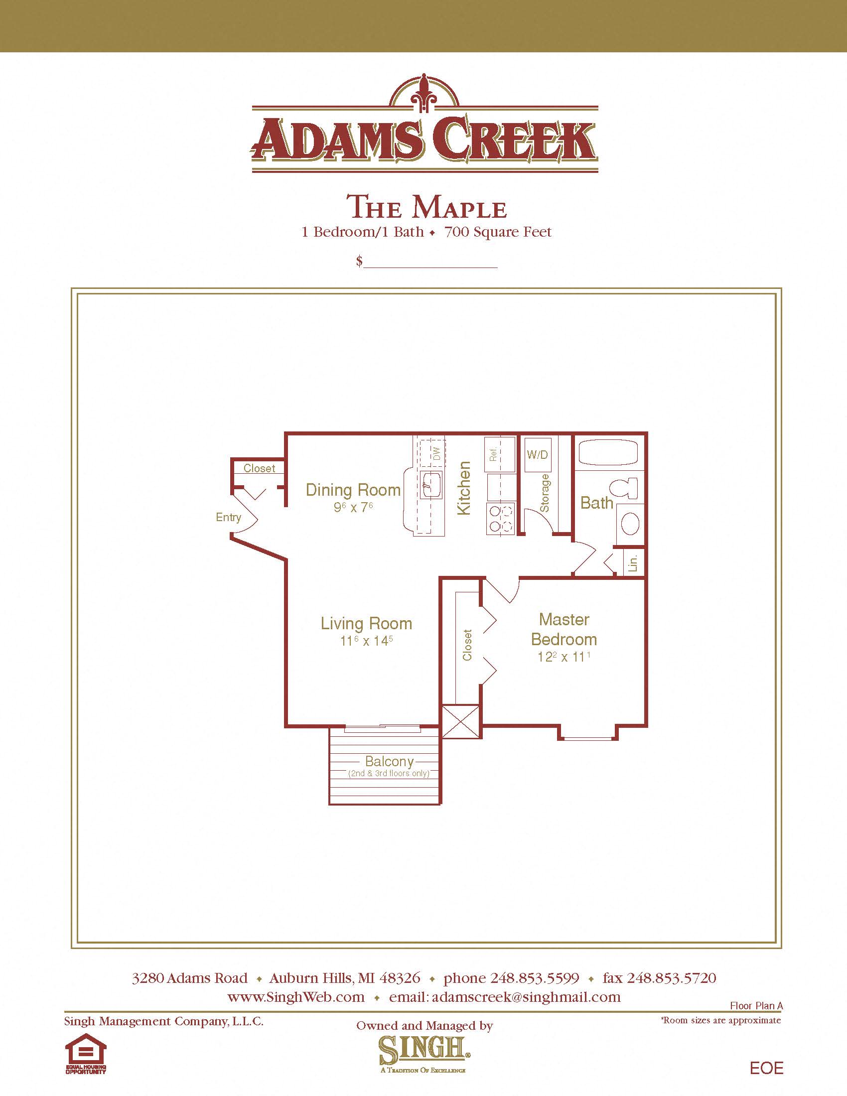 Floor plan for 1 bed, 1 bath, 664 sqft
