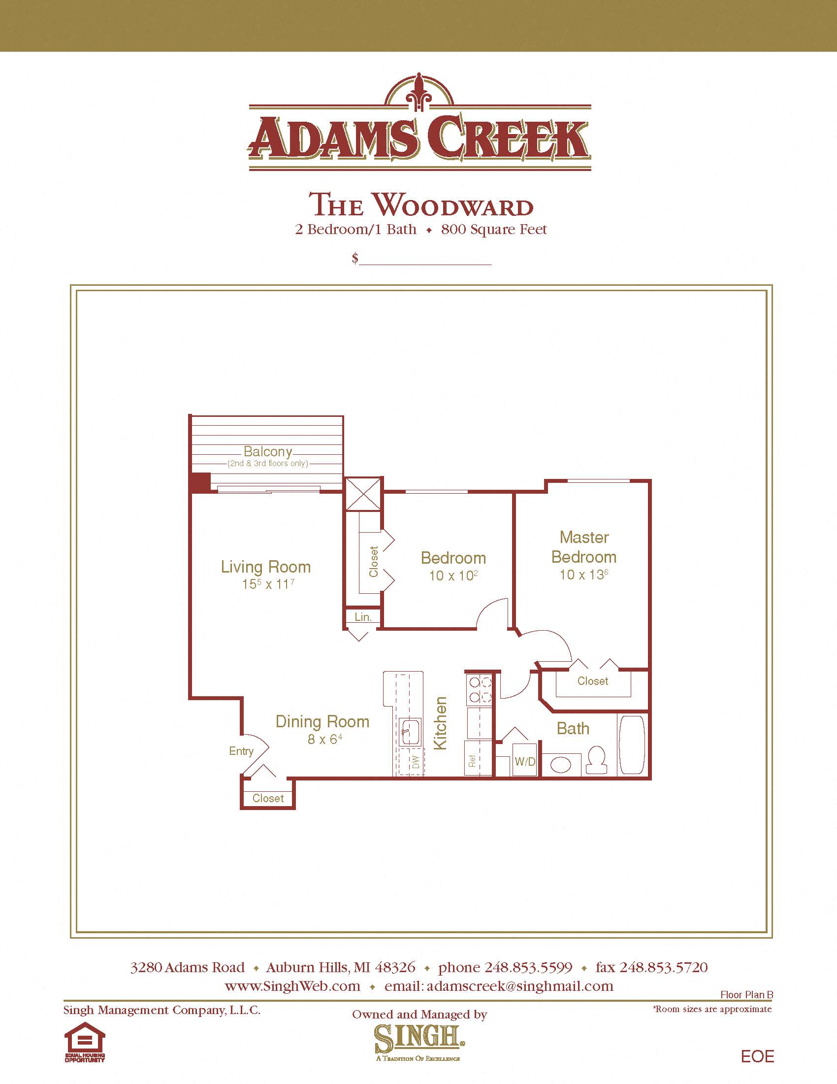 Floor plan for 2 beds, 1 bath, 780 sqft