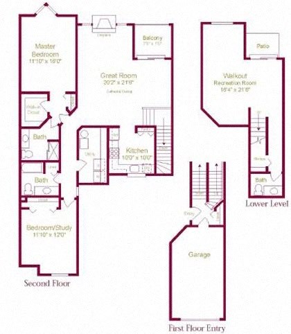Floor plan for 2 beds, 2.5 baths, 1791 sqft