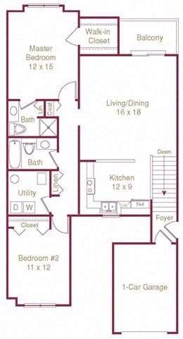 Floor plan for 2 beds, 2 baths, 1180 sqft