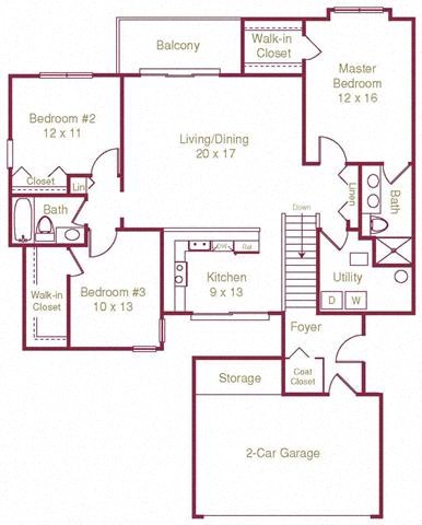 Floor plan for 3 beds, 2 baths, 1483 sqft