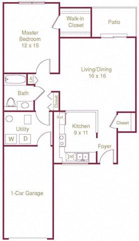 Floor plan for 1 bed, 1 bath, 910 sqft