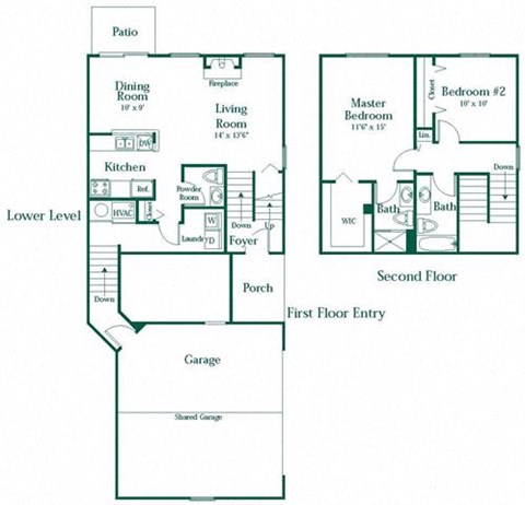 Floor plan for 2 beds, 2.5 baths, 1300 sqft