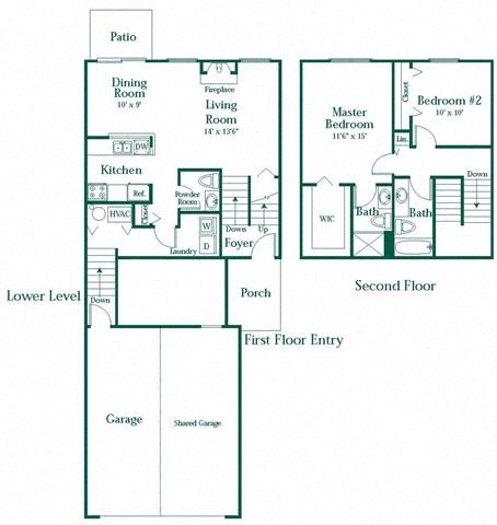 Floor plan for 2 beds, 2.5 baths, 1277 sqft