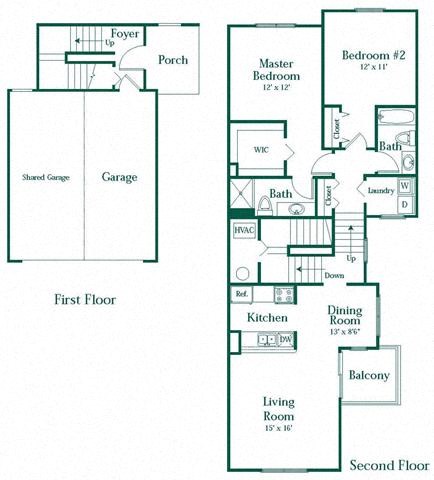Floor plan for 2 beds, 2 baths, 1288 sqft