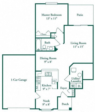 Floor plan for 1 bed, 1 bath, 861 sqft