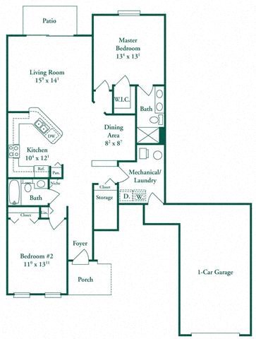 Floor plan for 2 beds, 2 baths, 1289 sqft
