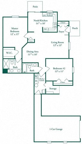Floor plan for 2 beds, 2 baths, 1268 sqft