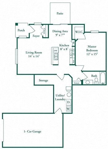 Floor plan for 1 bed, 1 bath, 906 sqft