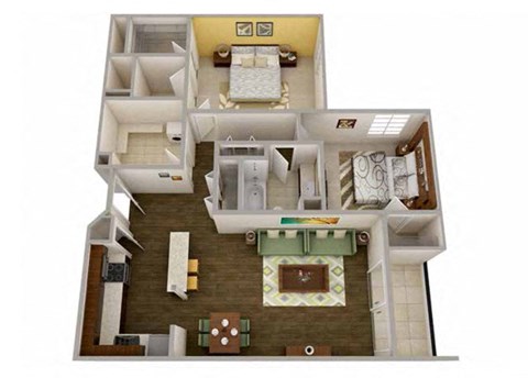 Floor plan for 2 beds, 2 baths, 985 sqft