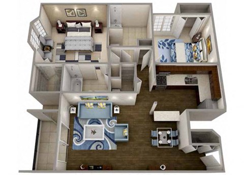 Floor plan for 2 beds, 2 baths, 940 sqft
