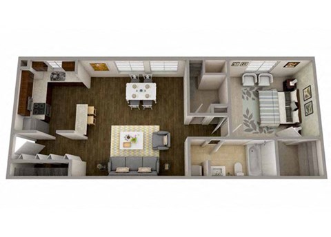 Floor plan for 1 bed, 1 bath, 765 sqft