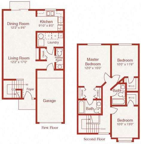 Floor plan for 3 beds, 2.5 baths, 1400 sqft