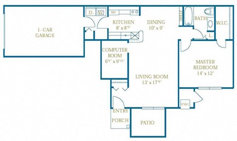 Floor plan for 1 bed, 1 bath, 950 sqft