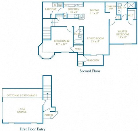 Floor plan for 2 beds, 2 baths, 1304 sqft